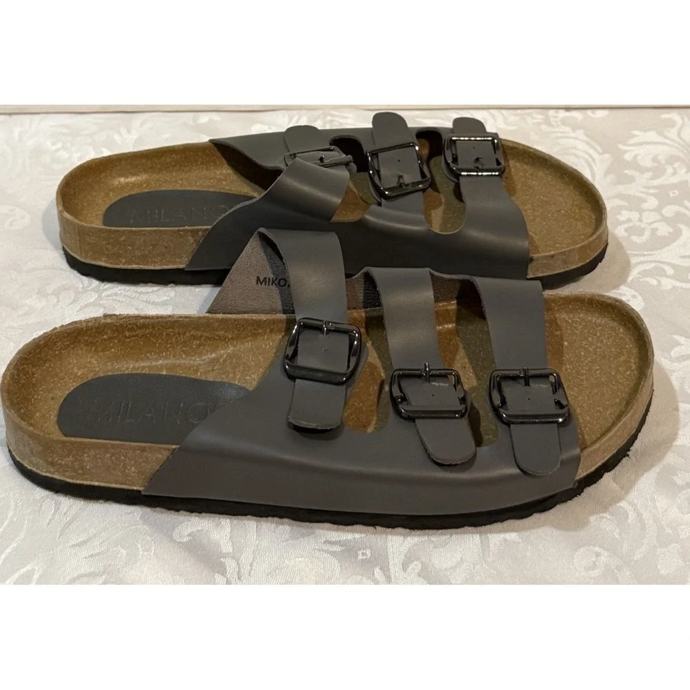 Milanos‎ Mens Miko2 Sandals Black Dark Gray Double band slip-onBuckle on strap 8